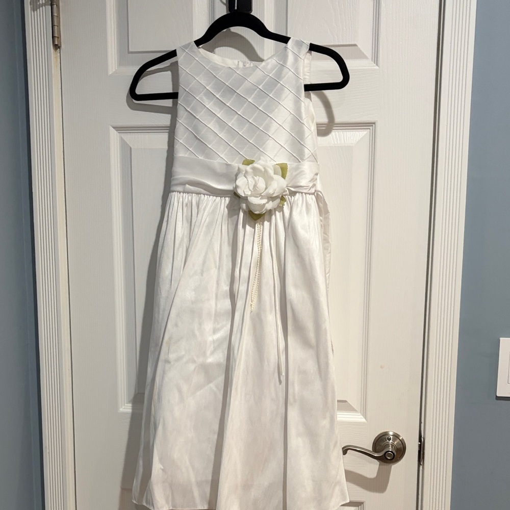 Girls White Satin Flower-Accent Dress